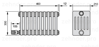 Схема (чертеж) Радиатор Zehnder Charleston 6030/10 №V003 Белый глянцевый RAL 9016